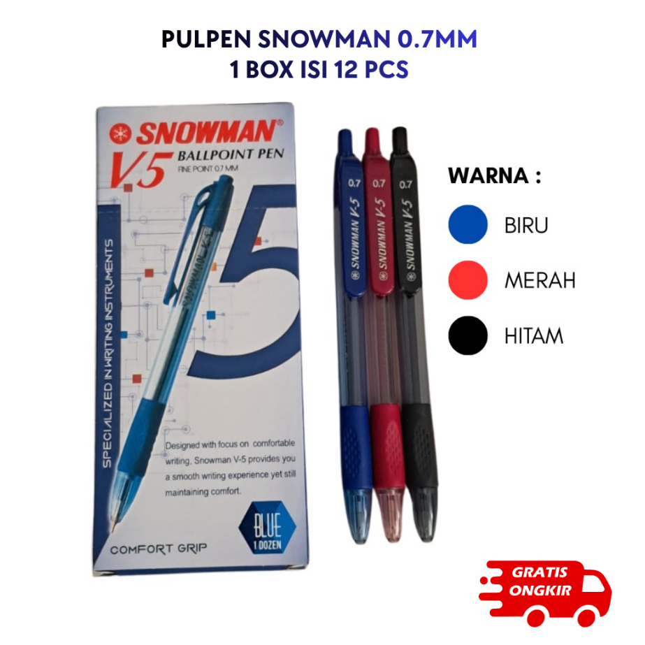 PULPEN SNOWMAN V5 ORIGINAL 0.7MM ISI 12 PCS HITAM MERAH BIRU