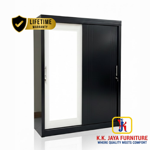 Lemari Pakaian Sliding Hitam Elegan dengan Cermin Full Body - LEMANTUN
