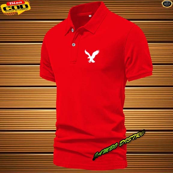 Kaos Polo Merah Lengan Pendek Pria Motif Elang Putih Kancing Depan