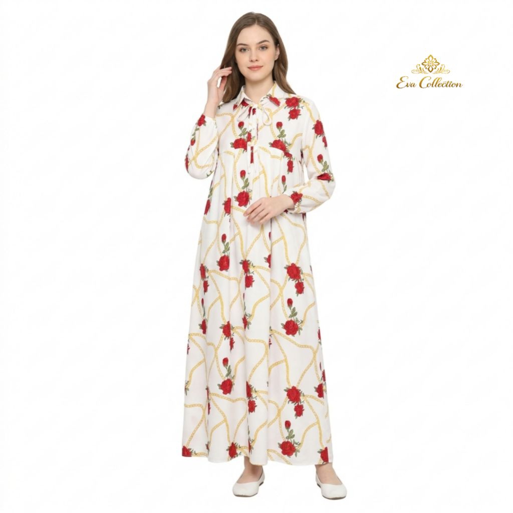 ​Gamis Susun Motif Floral Warna Cream Baju Wanita Bahan Crepe Premium