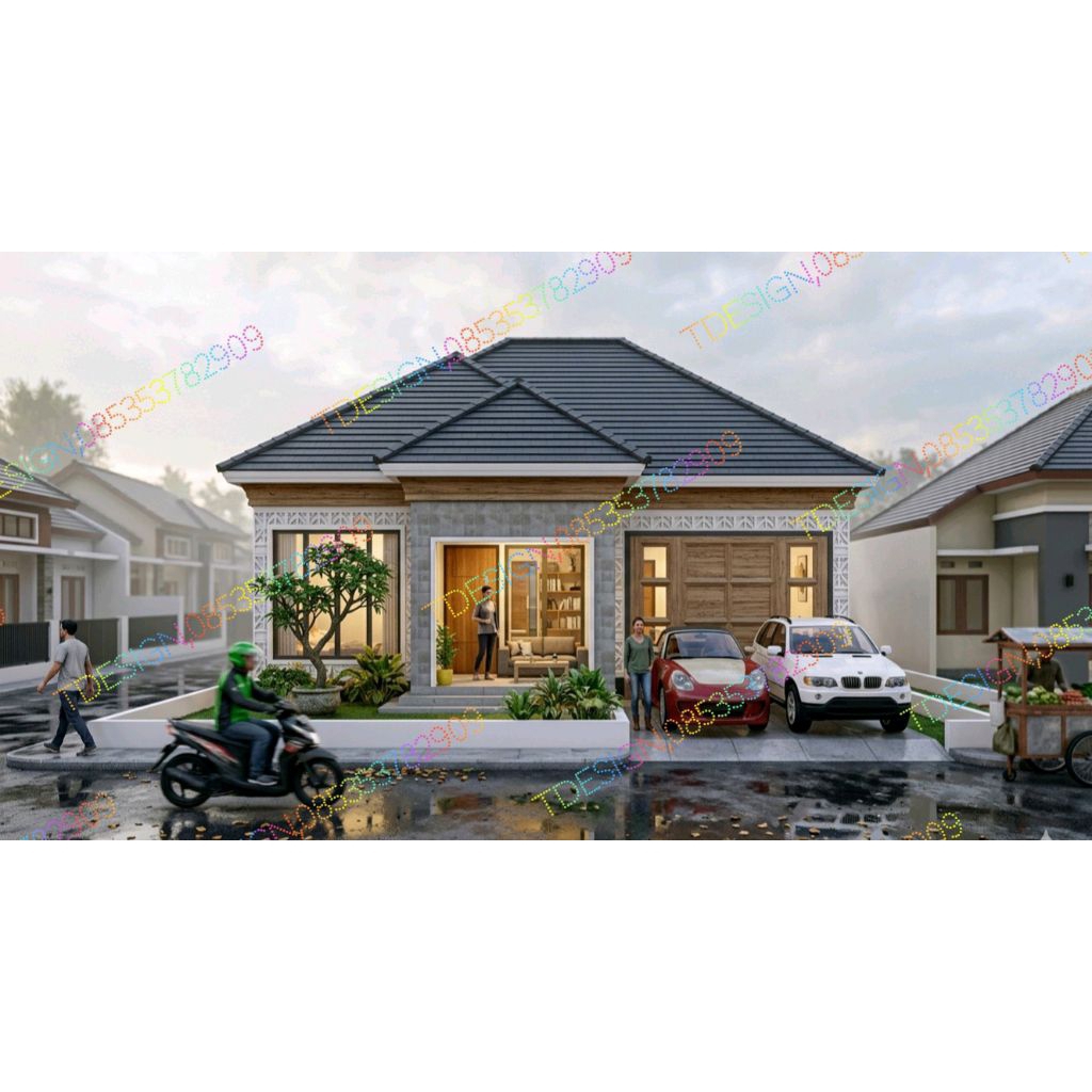 TERBARU Desain rumah 3D eksterior lengkap ukuran 13x14 m2, 3 kamar tidur.  jasa desain rumah 3D, rum