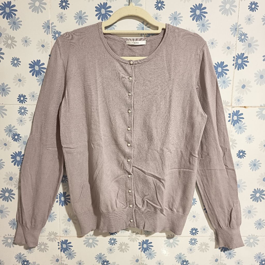 (Harga 70rb) Cardigan Index Rajut Kutub Lilac/Taupe Pearl Button Kancing Mutiara O-Neck O-Neck |Uniq