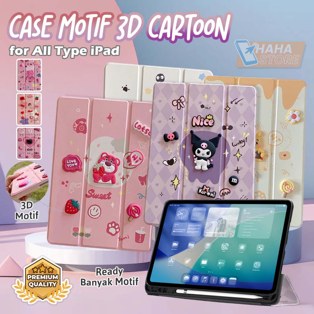 iPad Series Mini Air 3 4 5 6 7 Pro 10.5 11 M1 M2 M3 M4 Chip Case 3D Motif Softcase Flip Sarung Leath