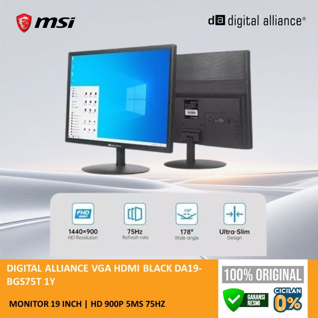 DIGITAL ALLIANCE MONITOR 19 INCH HD 900P 5MS 75HZ VGA HDMI BLACK DA19-BGS75T 1Y