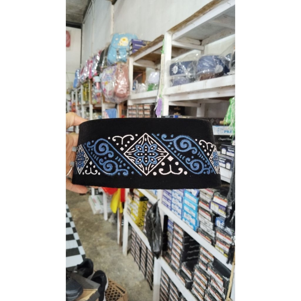 Peci Songkok Beludru Batik Silver Hitam Motif Sablon Premium Anak Dewasa