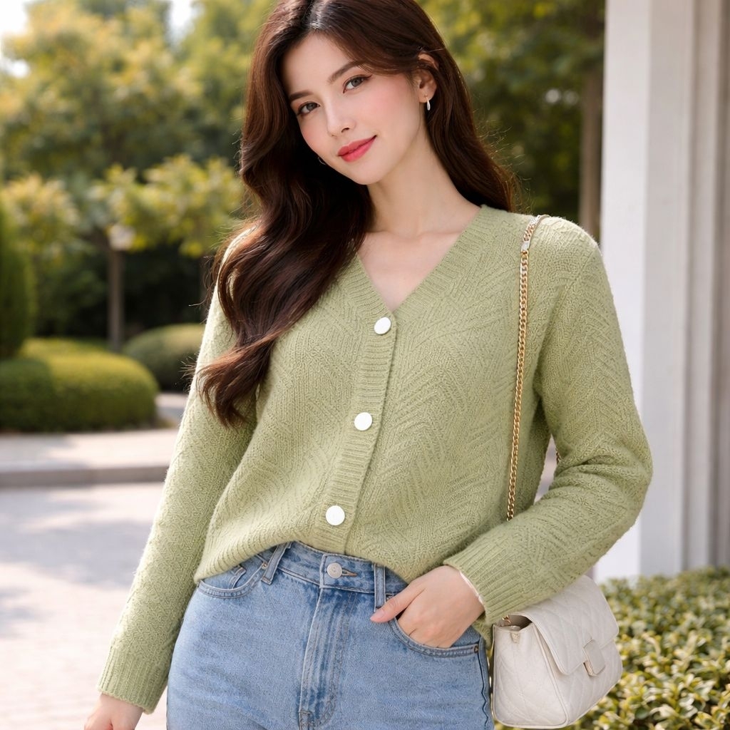 Cardigan Knit Wanita Olive Green - Outer Rajut V-Neck Korean Style Premium