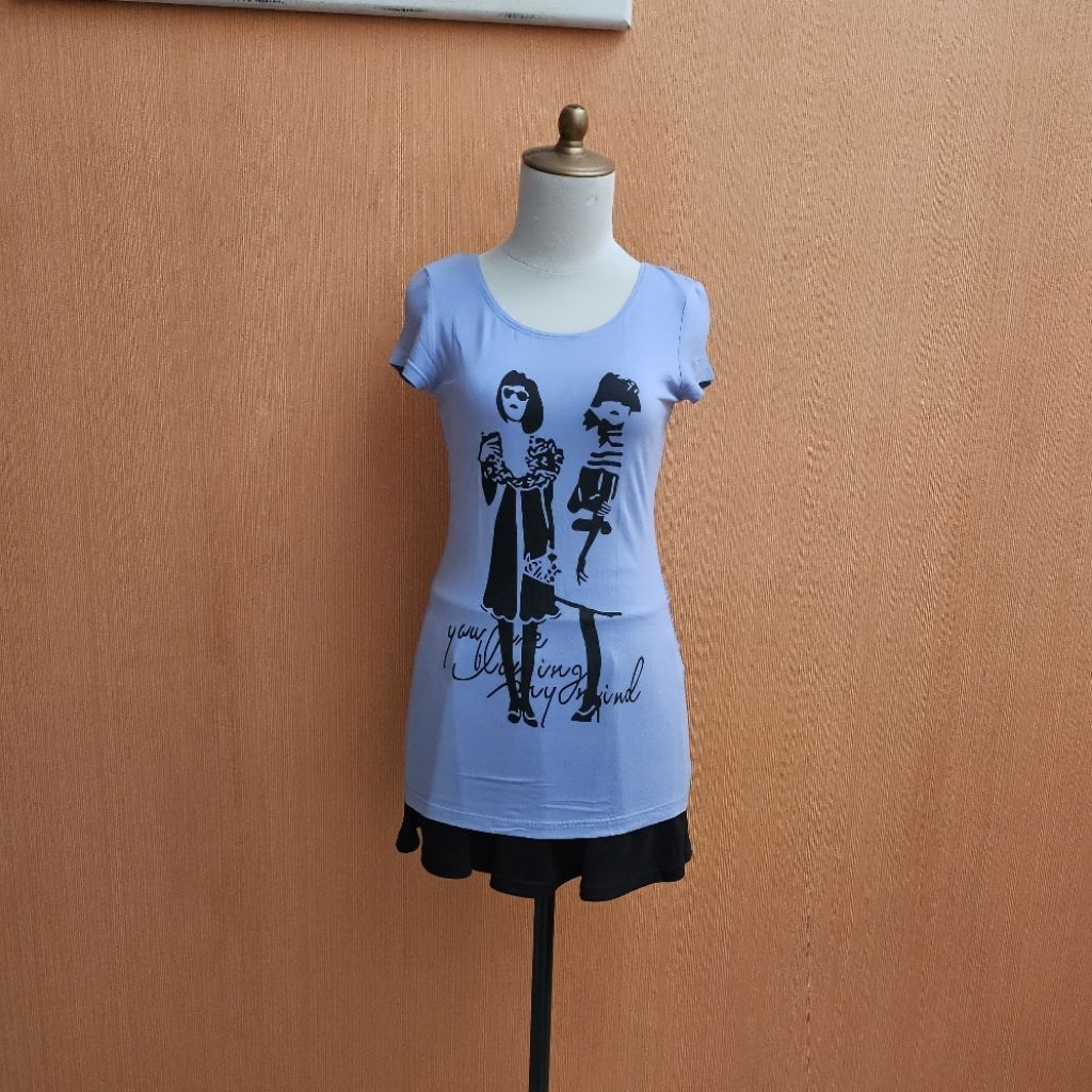 atasan kaos wanita biru muda pastel AILINS cewek S lengan pendek M sexy bodycon ketat