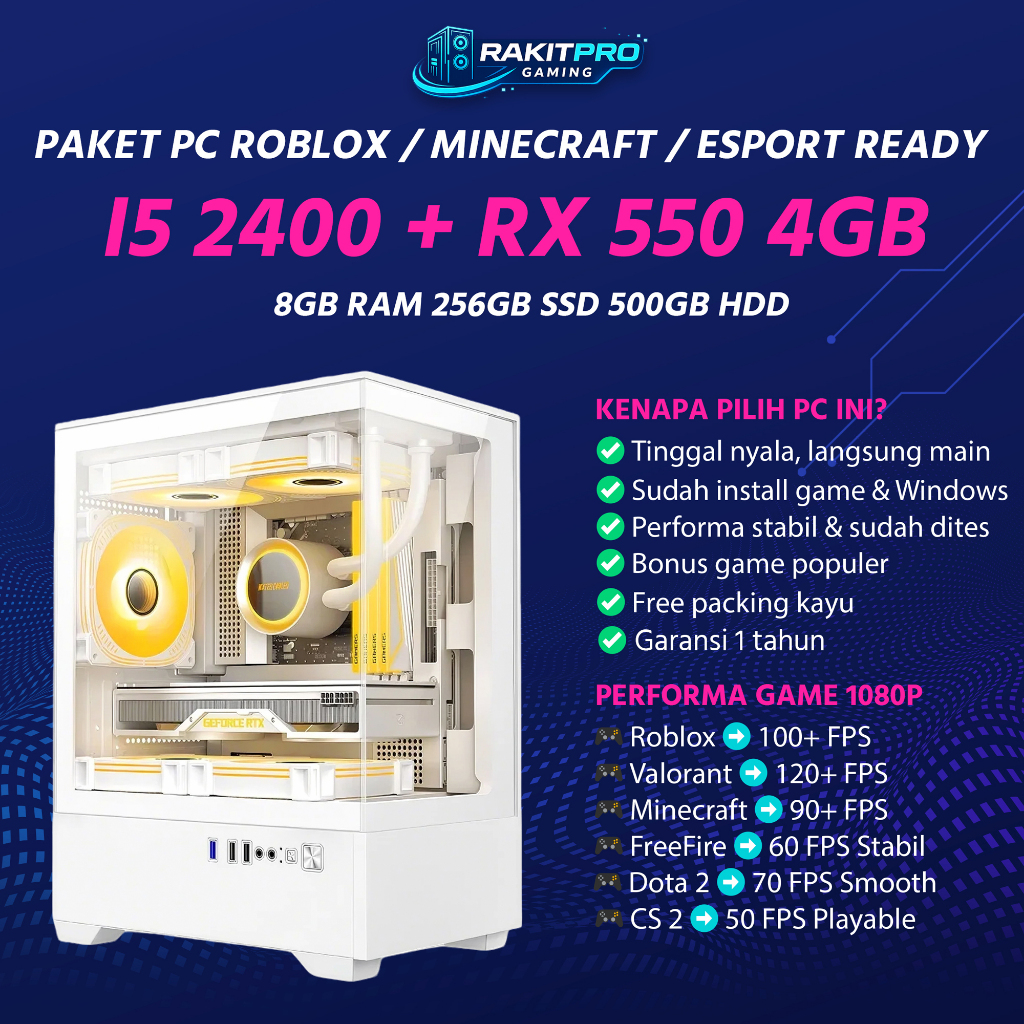 PC Gaming i5 2400 RX 550 4GB RAM 8GB SSD 256GB HDD 500GB Gaming Murah Valorant Roblox 1080p Lancar G