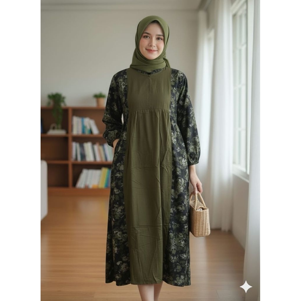 #Terbaru MIDI dress taliyah/MIDI dress rayon twill kombinasi motif bunga/MIDI dress terlaris model k