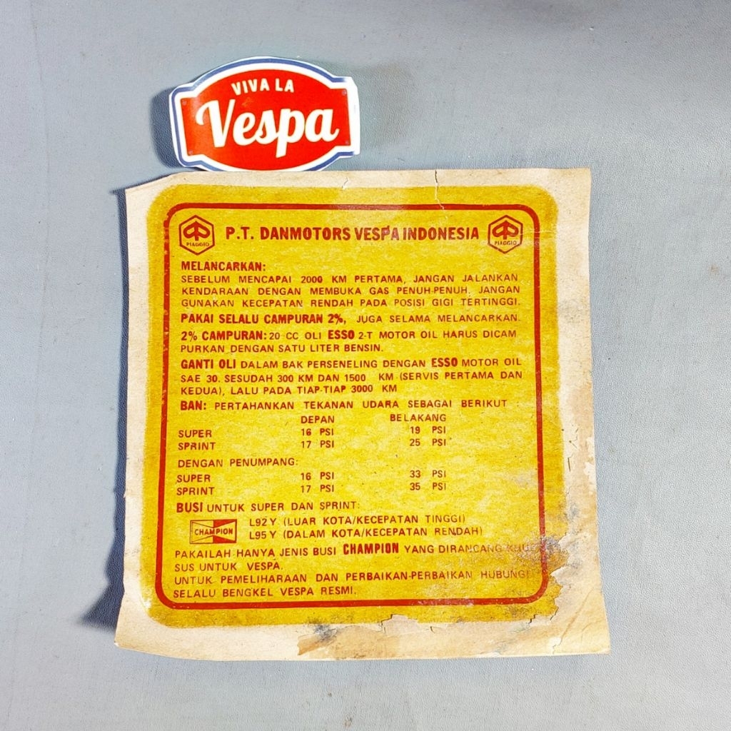 Stiker Air Running In Original PT Danmotors Vespa Sprint Tua Latin Super