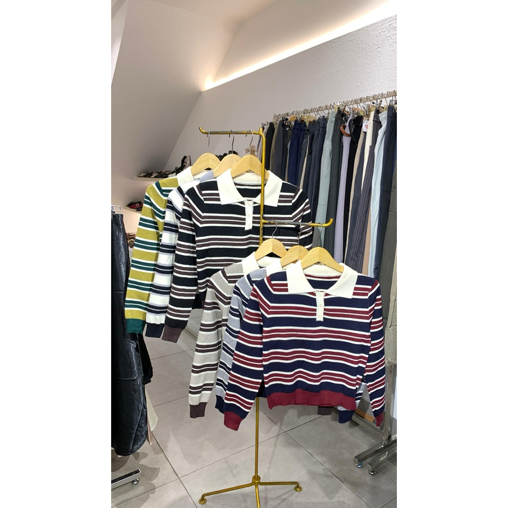 Kenzo Top Stripe Button Premium - baju garis wanita - knit - sweater - baju berkerah - polo shirt
