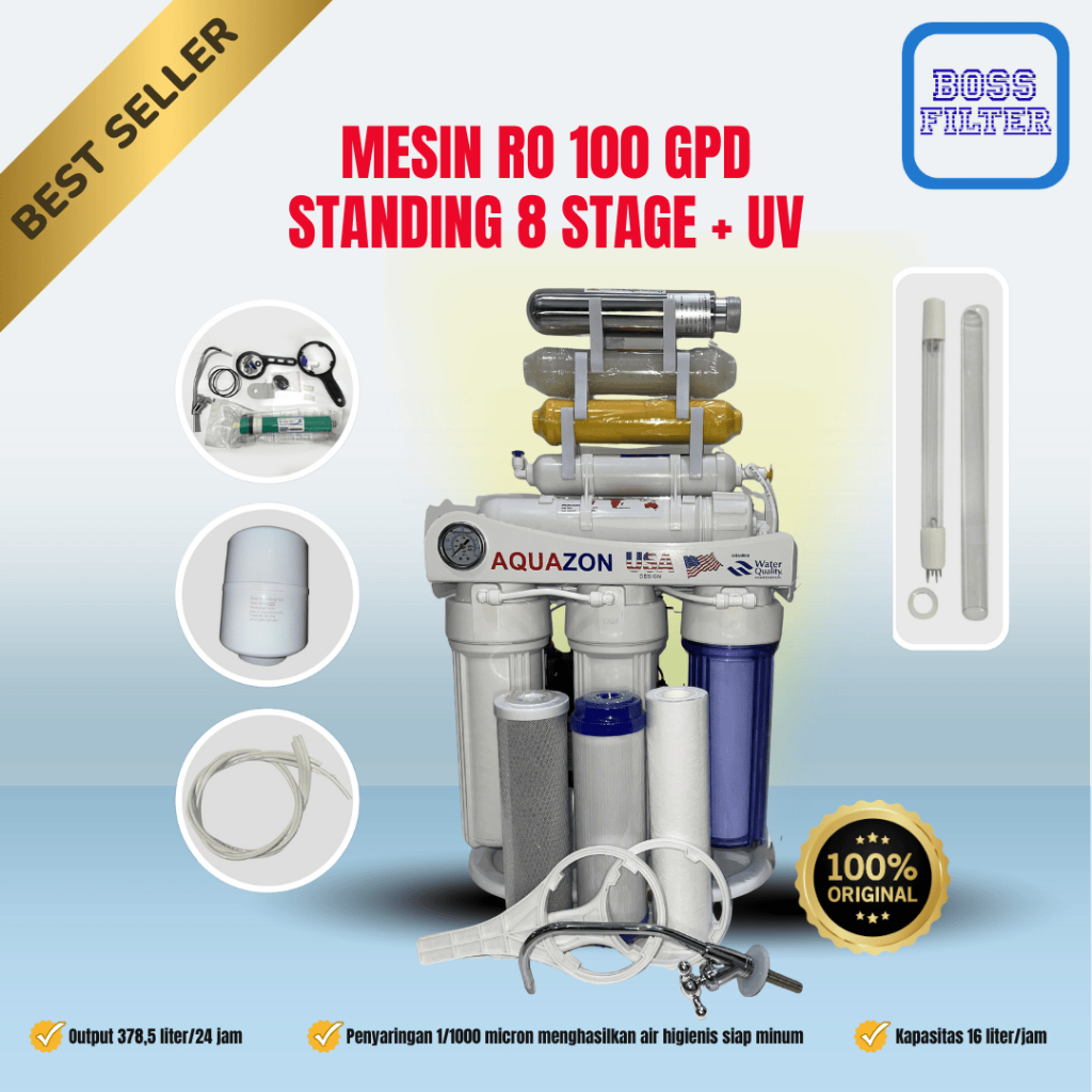 AQUAZON Mesin RO 100 GPD Standing 8 Tahap Plus UV Filter Air Minum Rumah Tangga