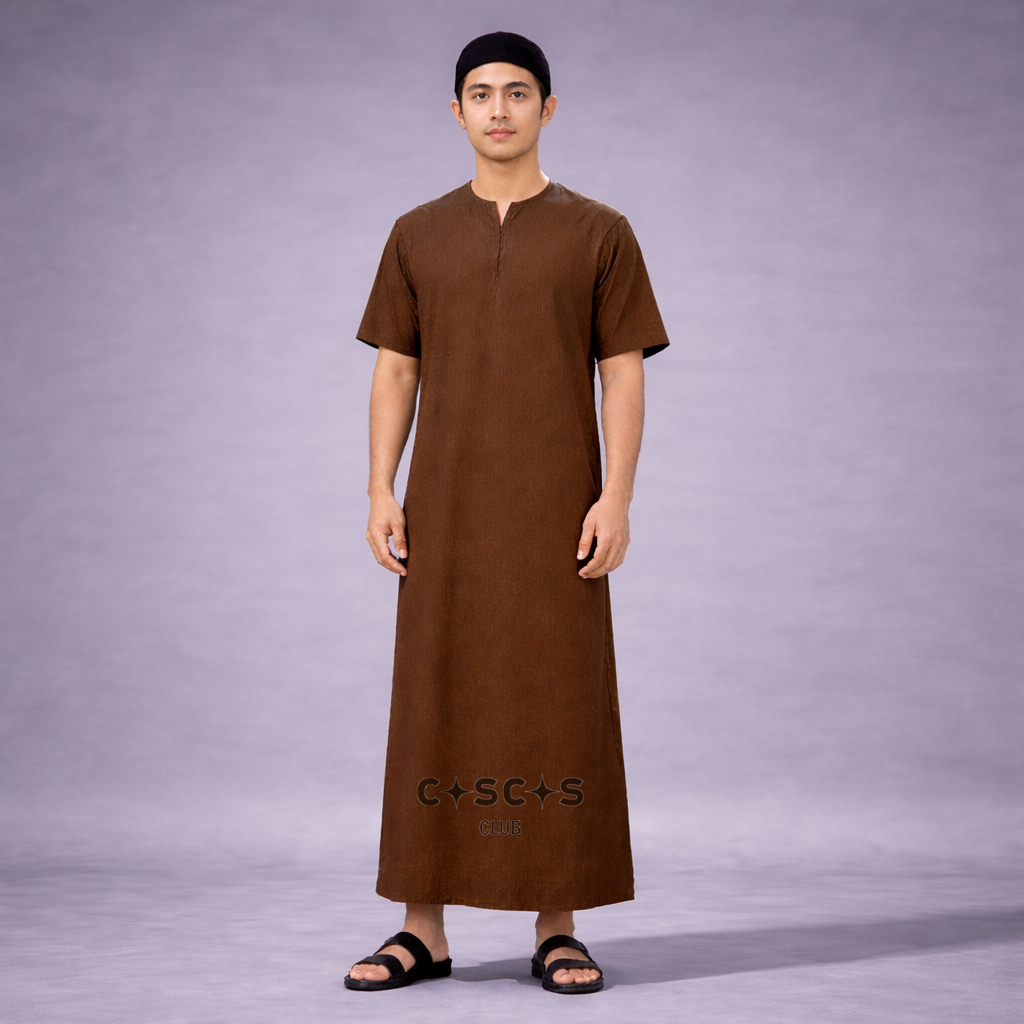 CASCAS V-Neck Gamis Taib Thobe Jubah Slim Fit - Cokelat