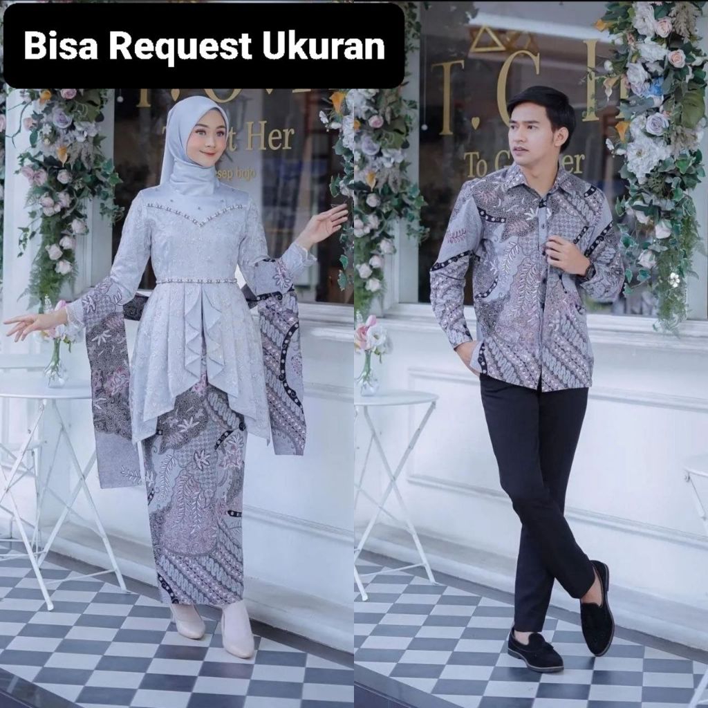SET KEBAYA LAFFEYA SILVER ORI COUPLE KEMEJA BATIK PREMIUM CUSTOM ANAK & JUMBO / BAJU SETELAN SERAGAM