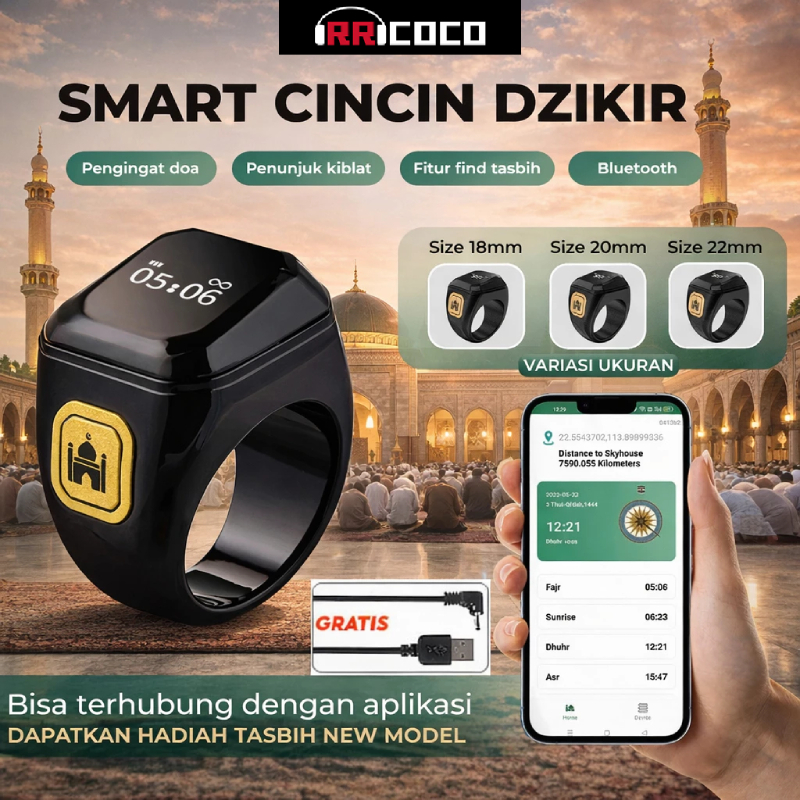 RRCOCO Zikr Cincin Doa Cincin Muslim Cincin Bluetooth Cincin Pintar Pengingat Waktu Penghitung Cinci