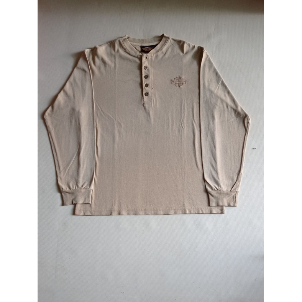 Kaos Harley Davidson Longsleeve Made In USA Vintage Style Khaki Cream Second Brand Harley Davidson