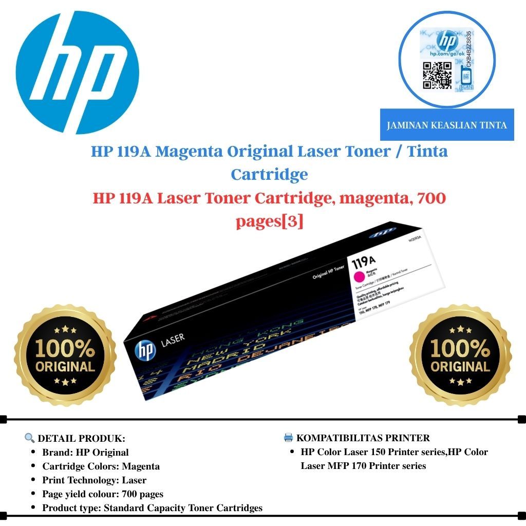 HP 119A Magenta Original Laser Toner / Tinta Cartridge - HP 119A Laser Toner Cartridge, magenta, 700
