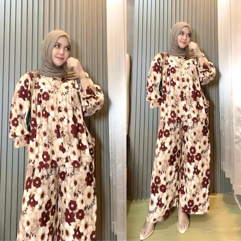 Bi - Nona Setelan Celana Rayon Diamond Smoke Puffy Motif Bunga Wanita