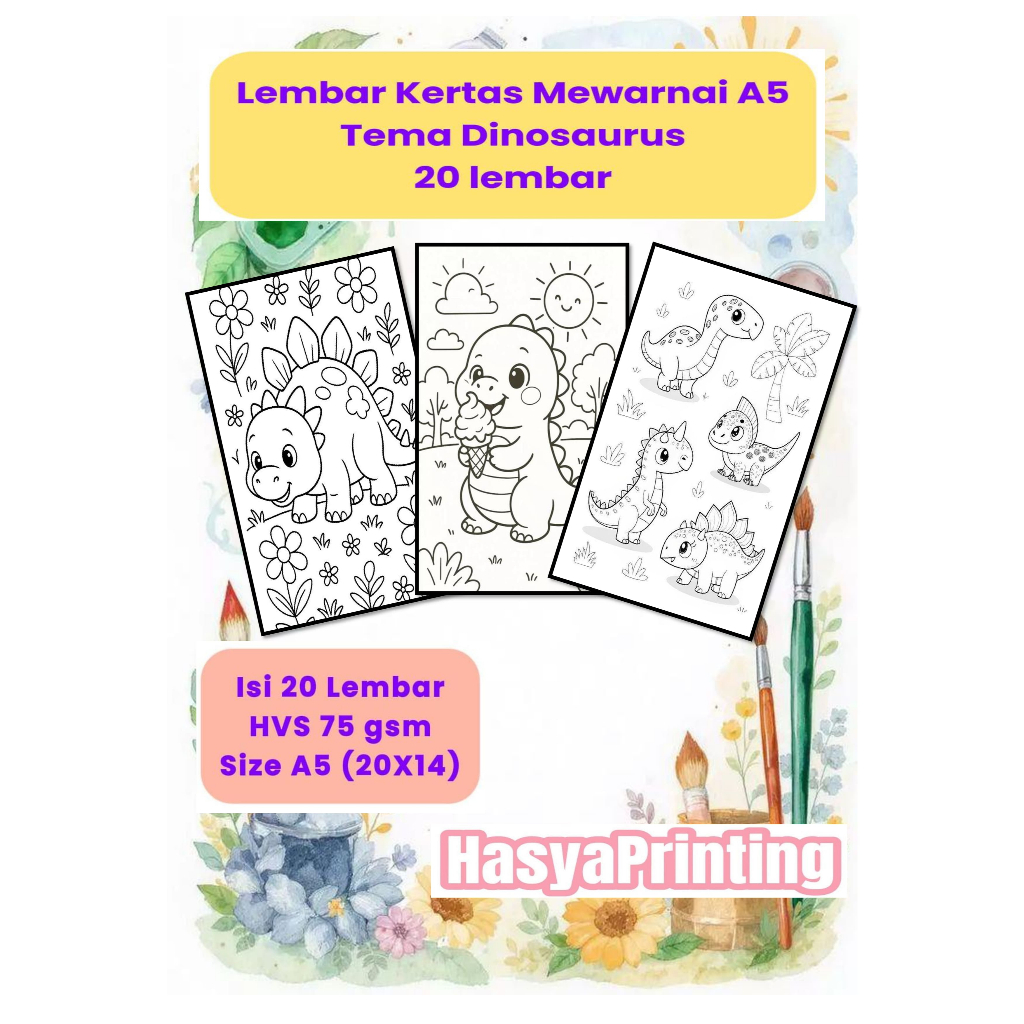 Lembar Kertas Mewarnai A5 DINOSAURUS 20 Lembar