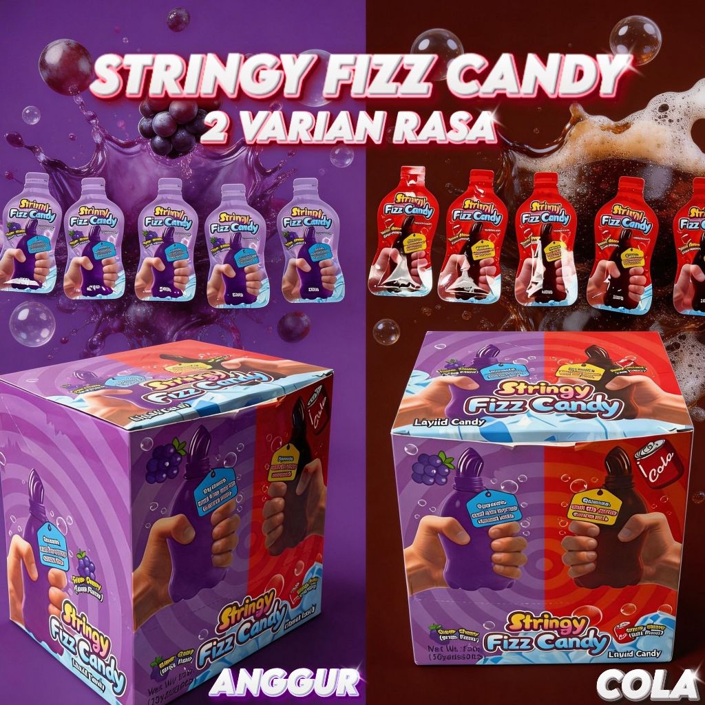 1 Box Squizzy Liquid Candy Stringy Fizz Candy - Permen Serat Elastis Sensasi Nikmati Ledakan Rasa Bu