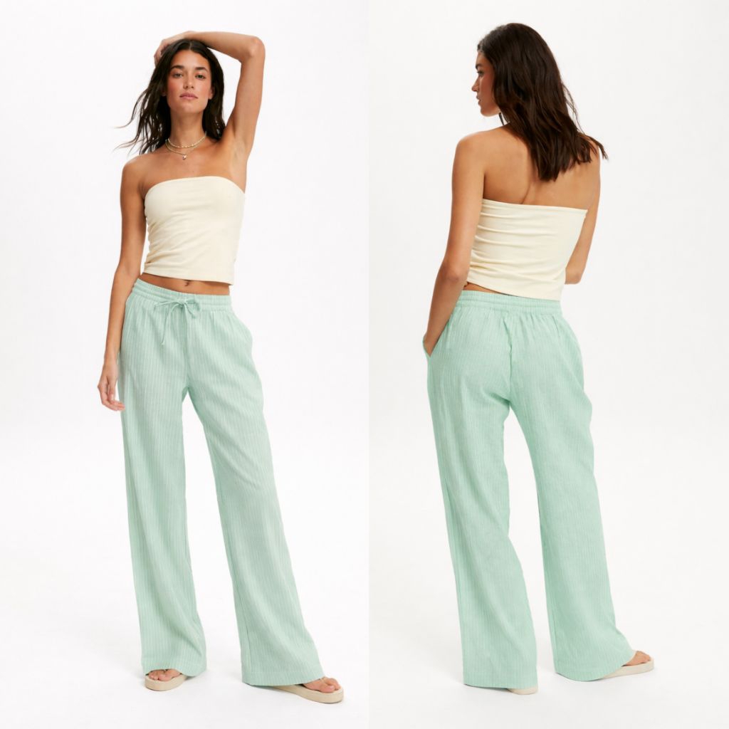 A*KO Women Green Mint Striped Linen Wide-Leg Pants / kulot wanita original branded / kulot wanita te