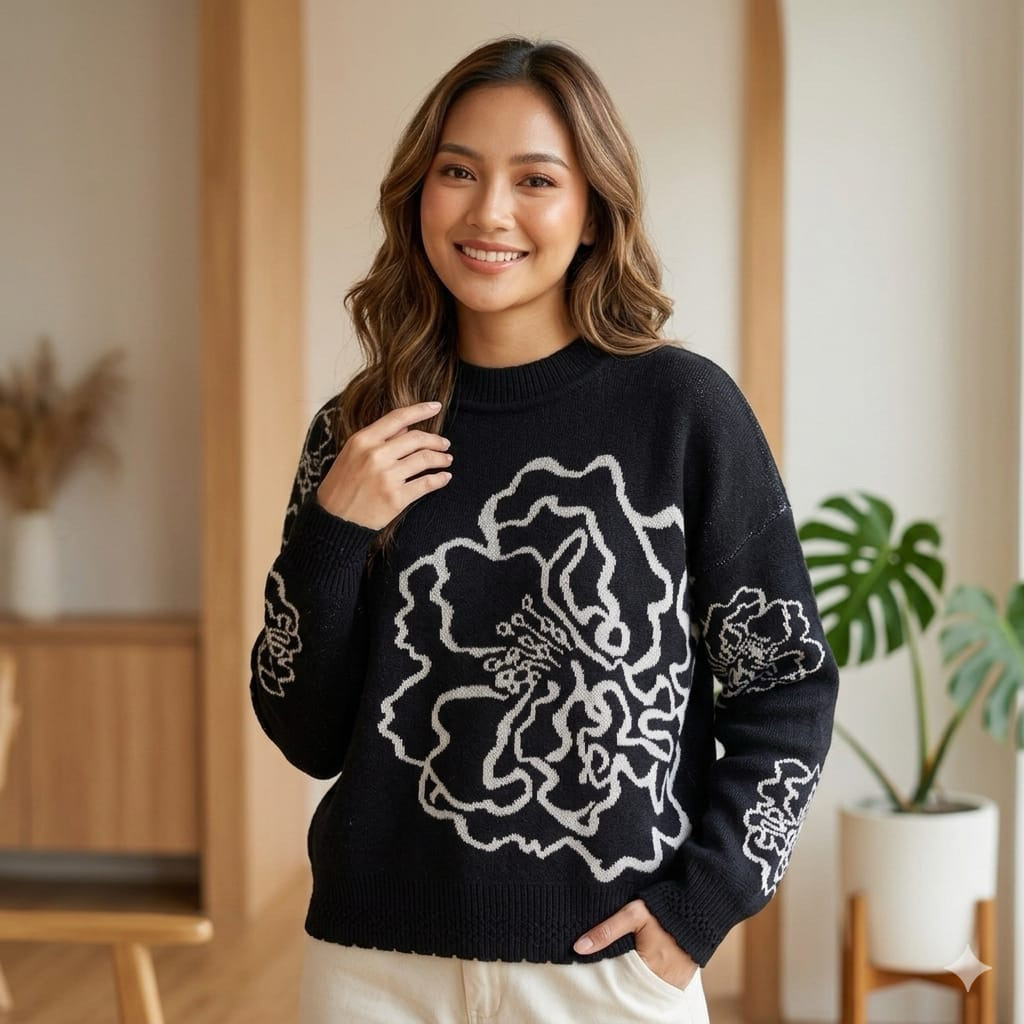 Crewneck Sweater Rajut Wanita Premium motif Hibicus Mawar Stylish dan Modis