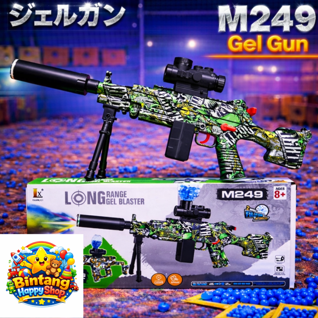 Mainan Anak Gell gun Model M249 Auto electric (Asap+lampu) dual batery