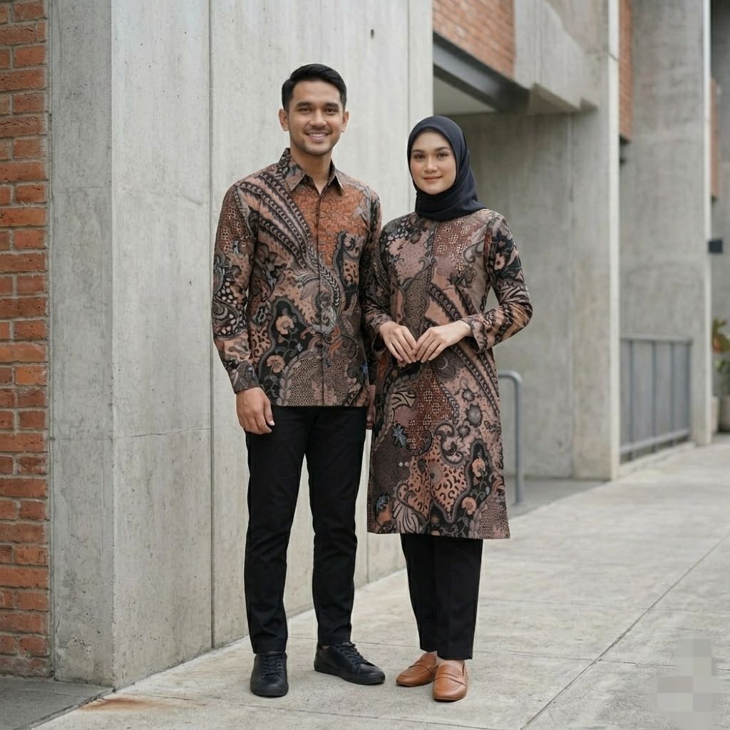Batik Couple Wanita Tunik Lengan Panjang Bahan Katun Signature - Seragam Batik Pria Dan Wanita Kanto