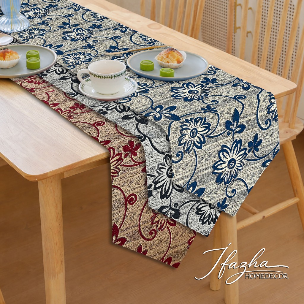 Taplak Meja Sofa Persegi Panjang Modern Minimalis Mewah  Elegant Motif Bunga Floral Maroon Merah tua