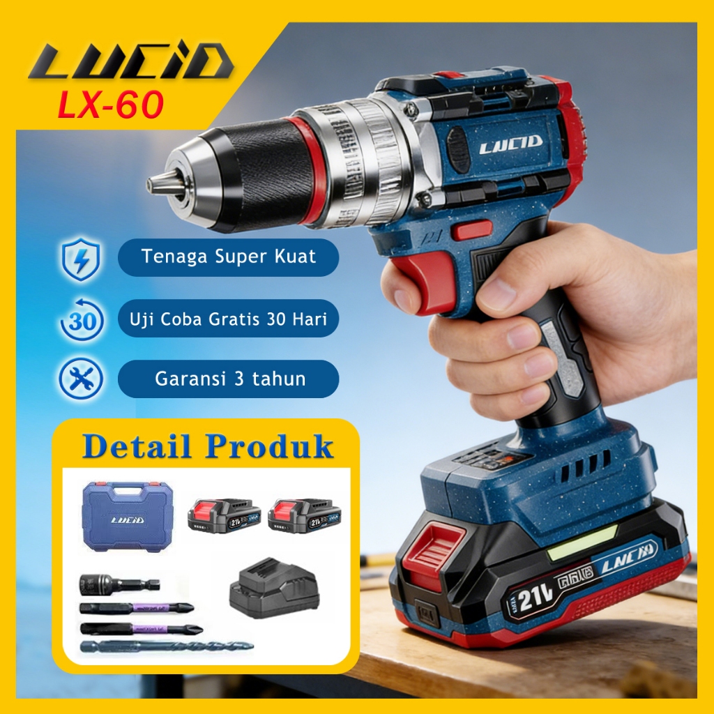 LUCID LX-60 Cordless Mesinbor 13MM 2.0A 21V lithium battery impact drill brushless baterai