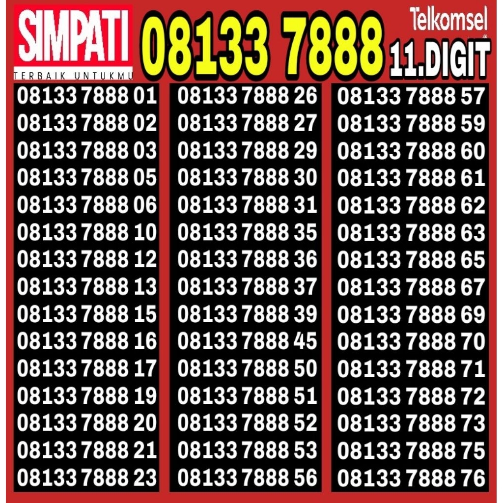 NOMOR CANTIK TELKOMSEL SIMPATI 11 DIGIT 4G 5G O8133 7888 - O813 88333 ab