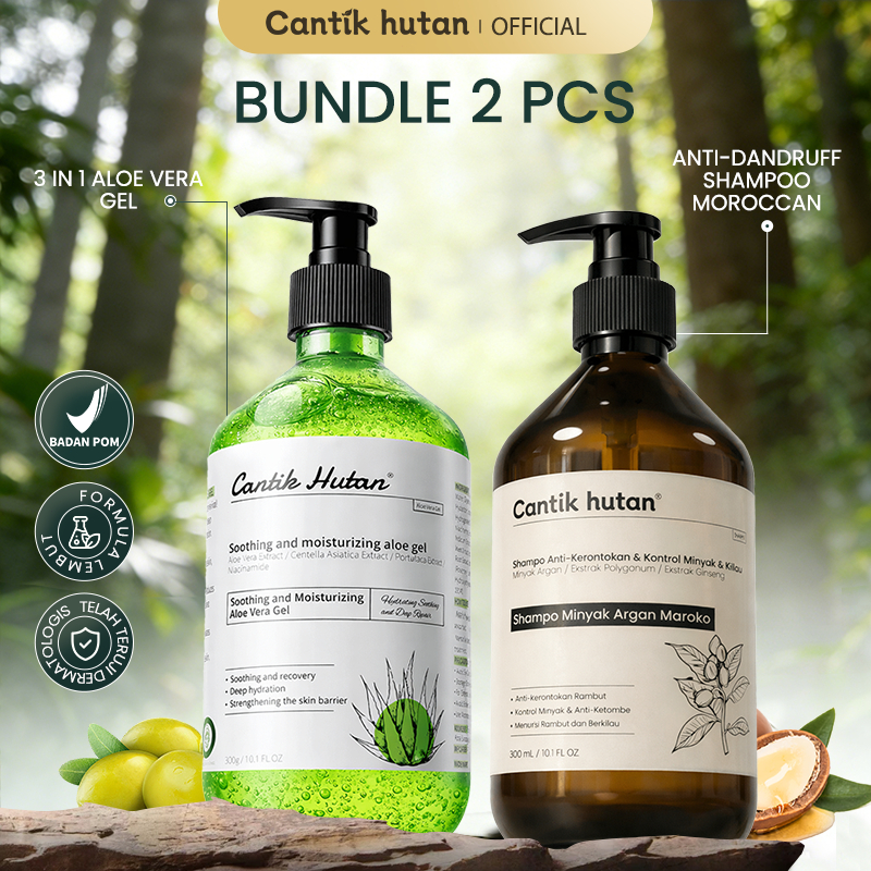 Cantik Hutan Bundle 2 Pcs - 3 in 1 Aloe Vera Gel 300ml Soothing & Moisturizing + Shampoo Anti Ketomb