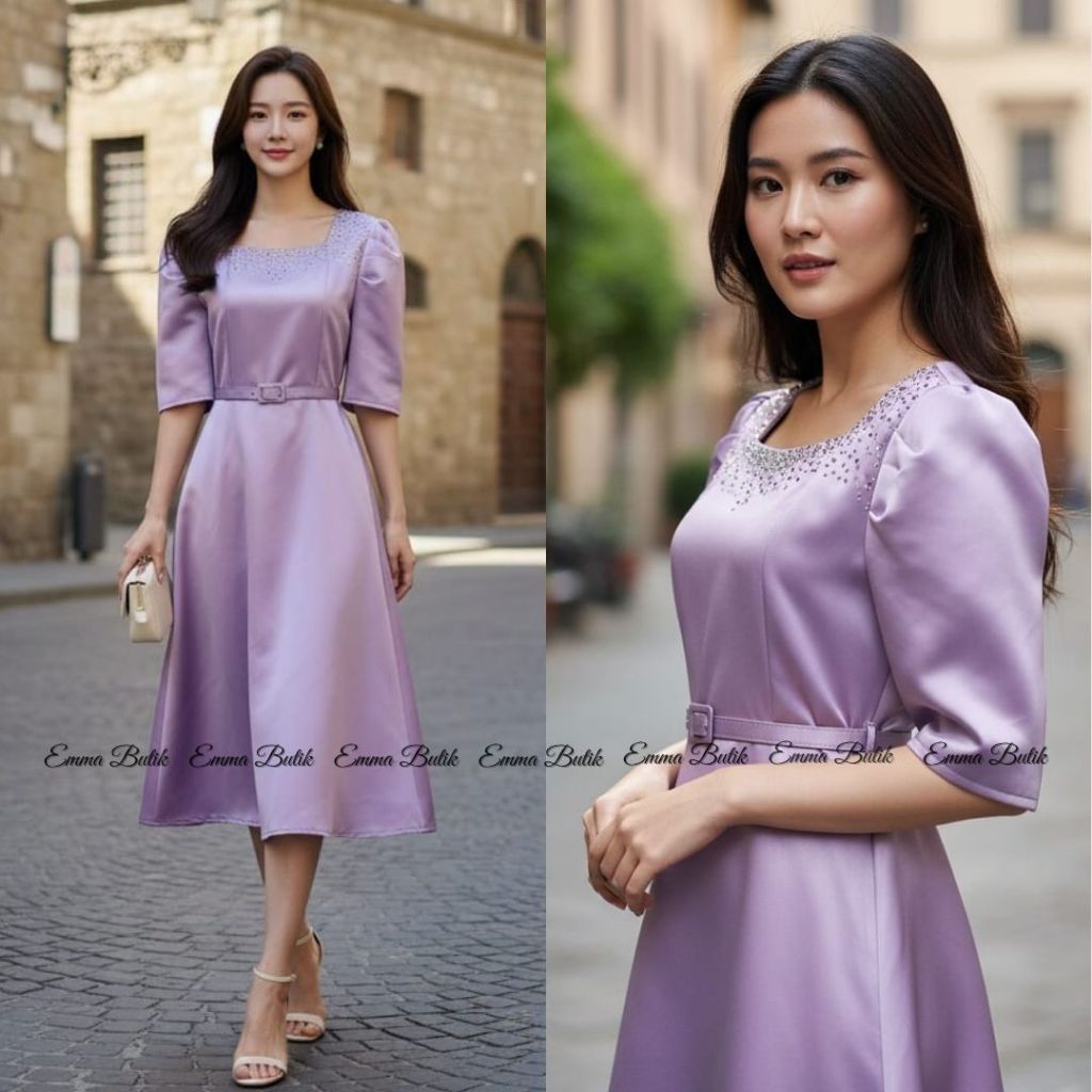 Emma.Butik E00628 Gaun Pesta Wanita Hijau Botol Dress Midi Formal Manik Mewah Gereja A-line Square N