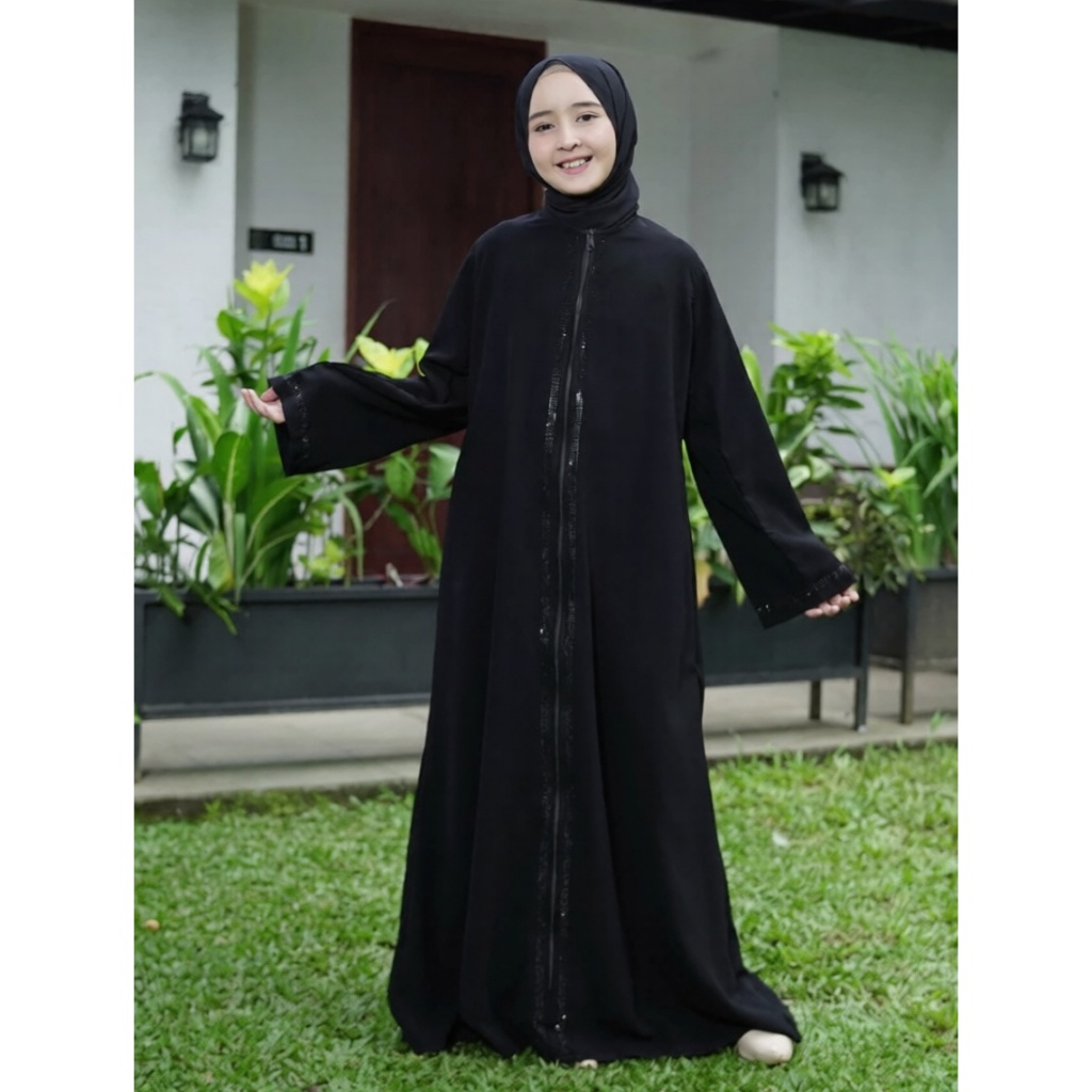 ABAYA ANAK PEREMPUAN hitam gamis SAUDI jetblack full ziper - abaya anak 5 - 10 TAHUN