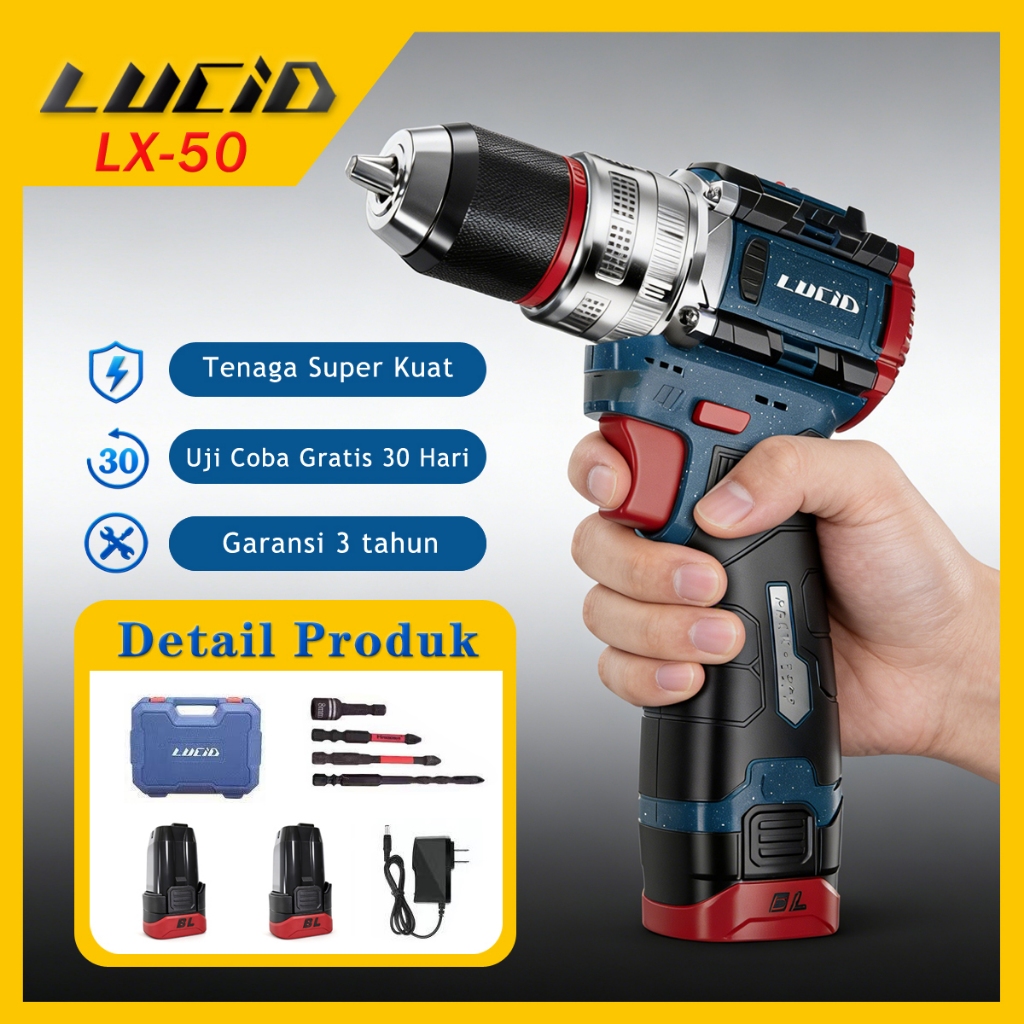 LUCID LX-50 Cordless MesinBor 80N.M13MM 2.0A 18V Li-ion Batrai Baterai Baterai Bor Impact Tanpa Sika