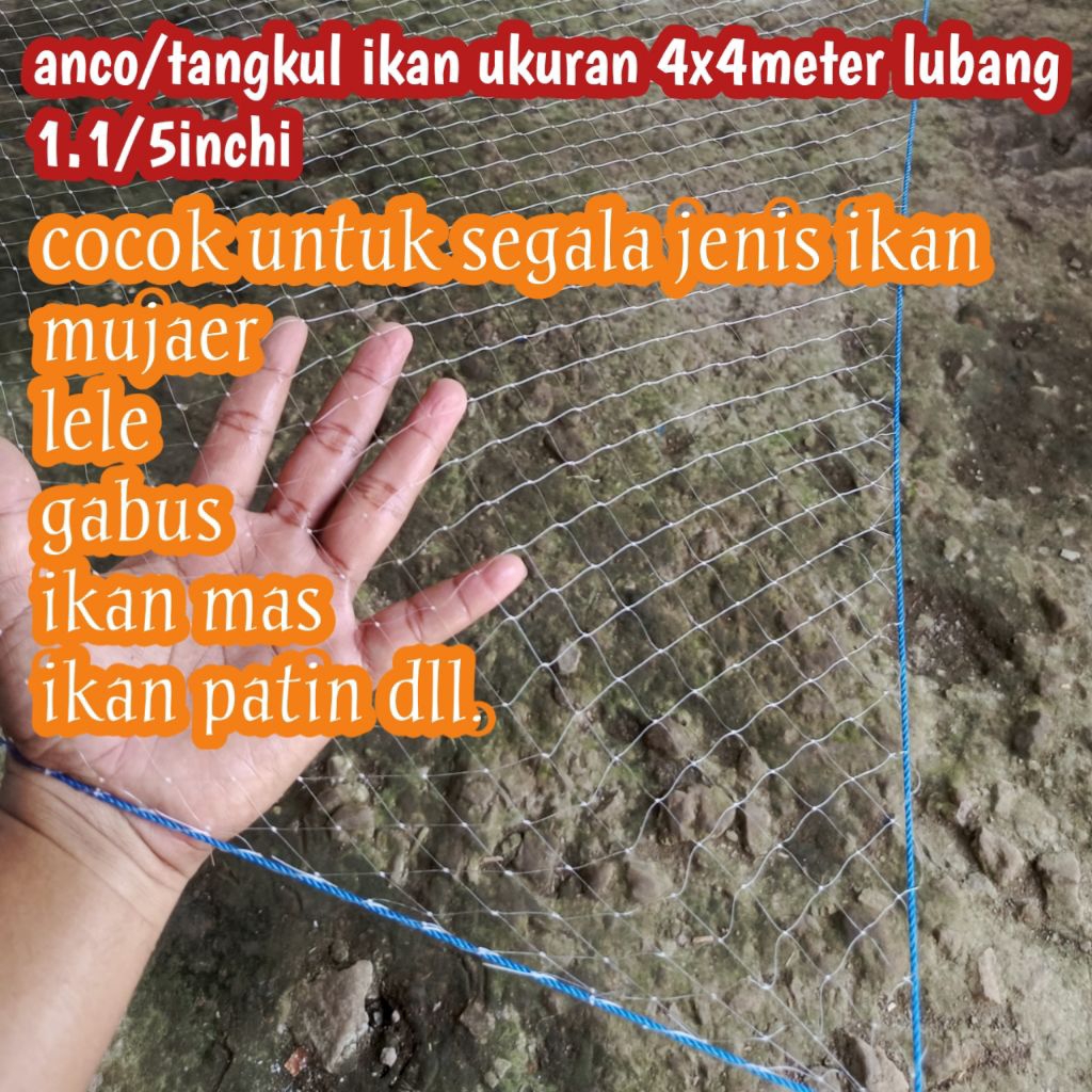 jaring anco/sirib ikan ukuran jumbo 4x4meter persegi lubang jaring 1 1/2 inchi senar 0, 28mm sudah d