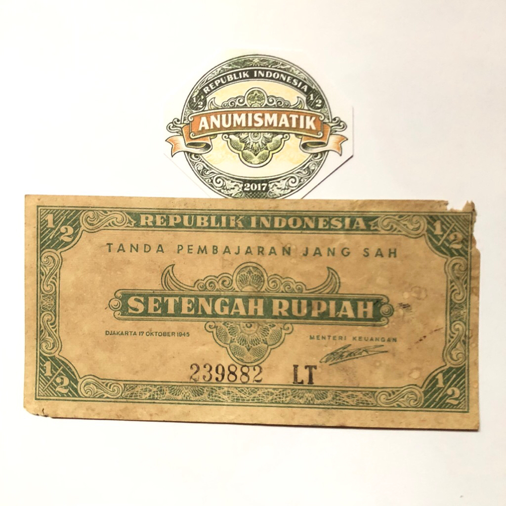 Uang Kertas Kuno Setengah Rupiah ORI I Tahun 1945 Kondisi fine Original Koleksi Nostalgia