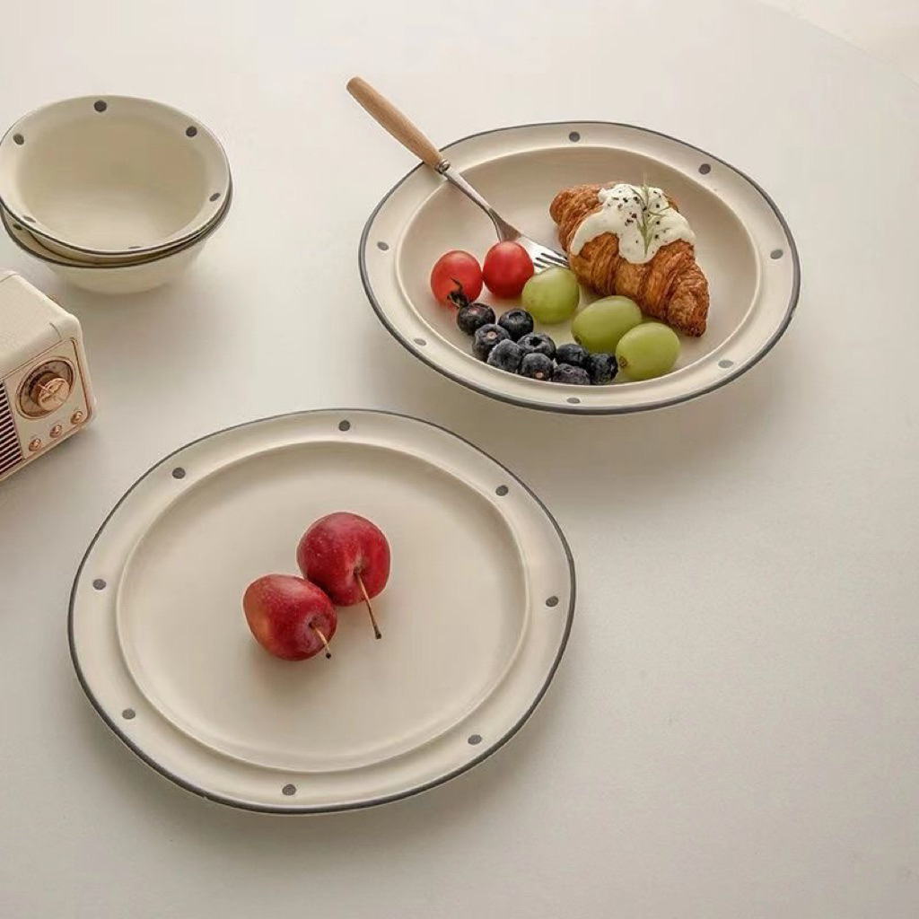 Blanche Polkadot Plates / Dessert & Soup Plate | Piring Keramik Motif Polkadot Aesthetic 8.5 inch | 