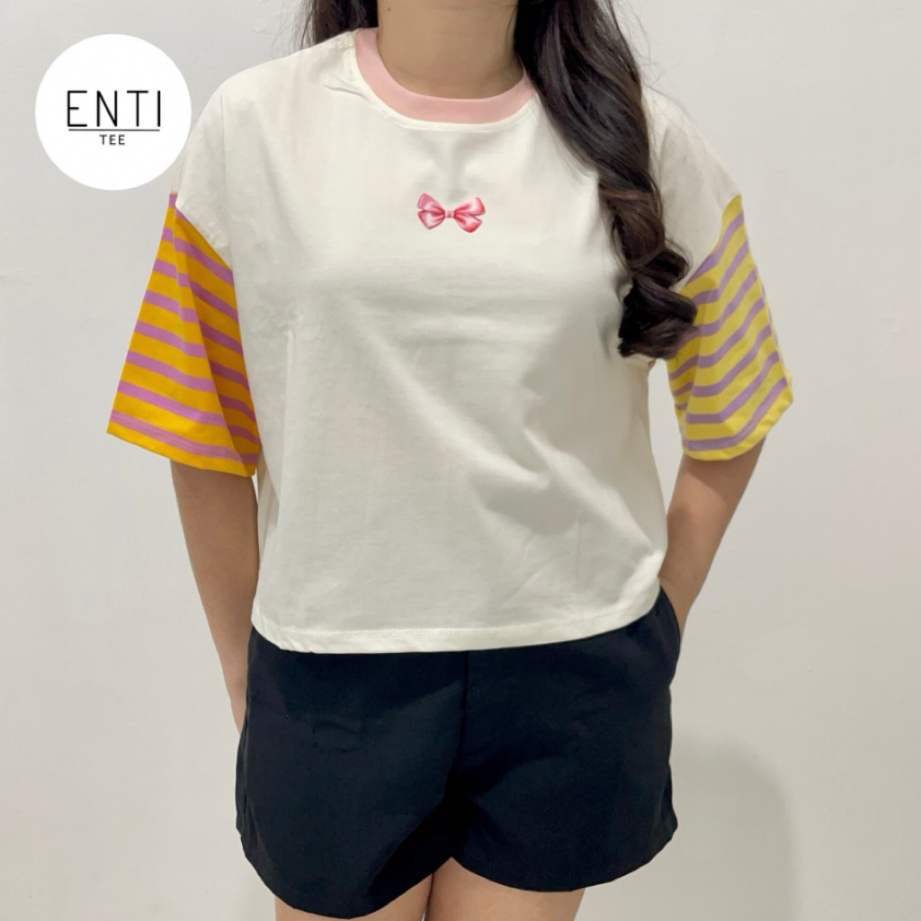 ENTITEE Crop Stripes Ribbon/Bow/Coquette | Kaos Garis-garis Wanita | Kaos Crop Stripes Wanita | Kaos