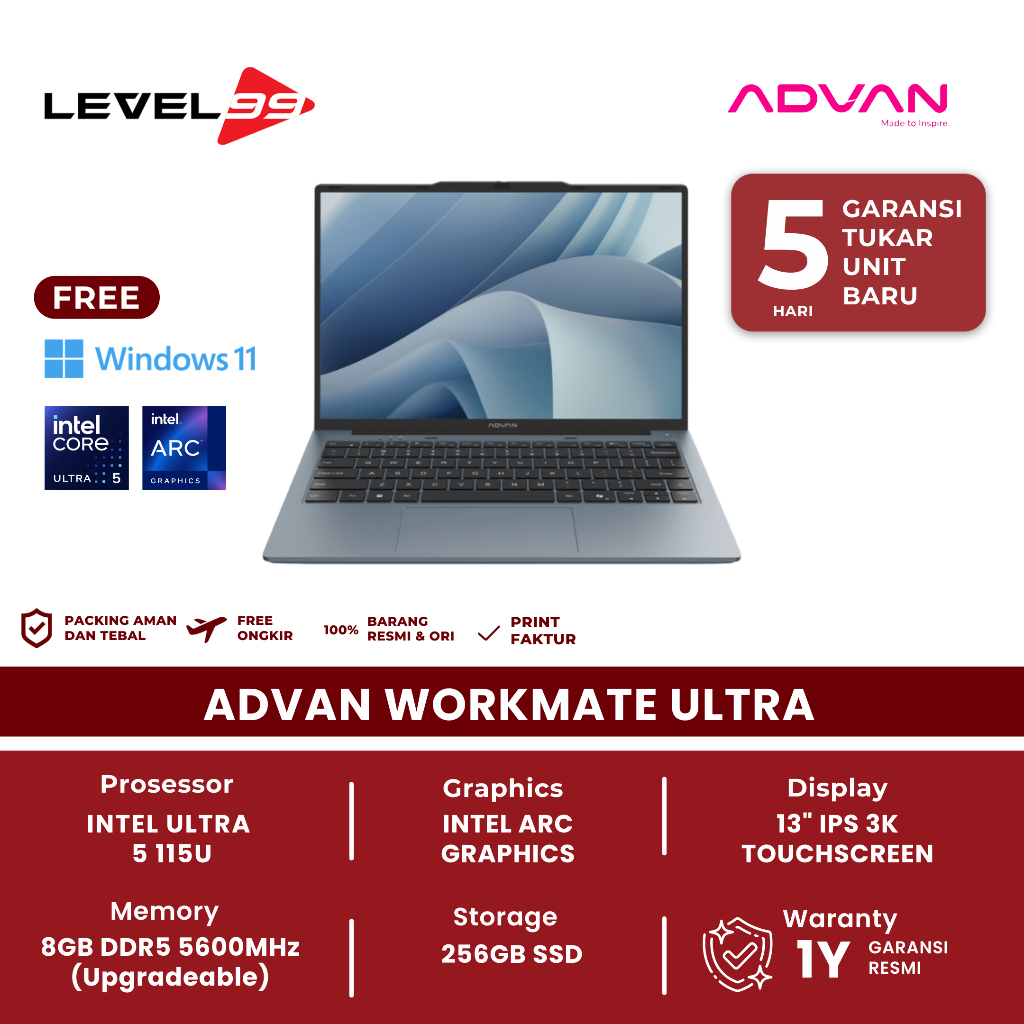 ADVAN Workmate Ultra Intel Ultra 5 115U With AI Boost NPU 8GB/256GB 14" FHD IPS Laptop Notebook Wind
