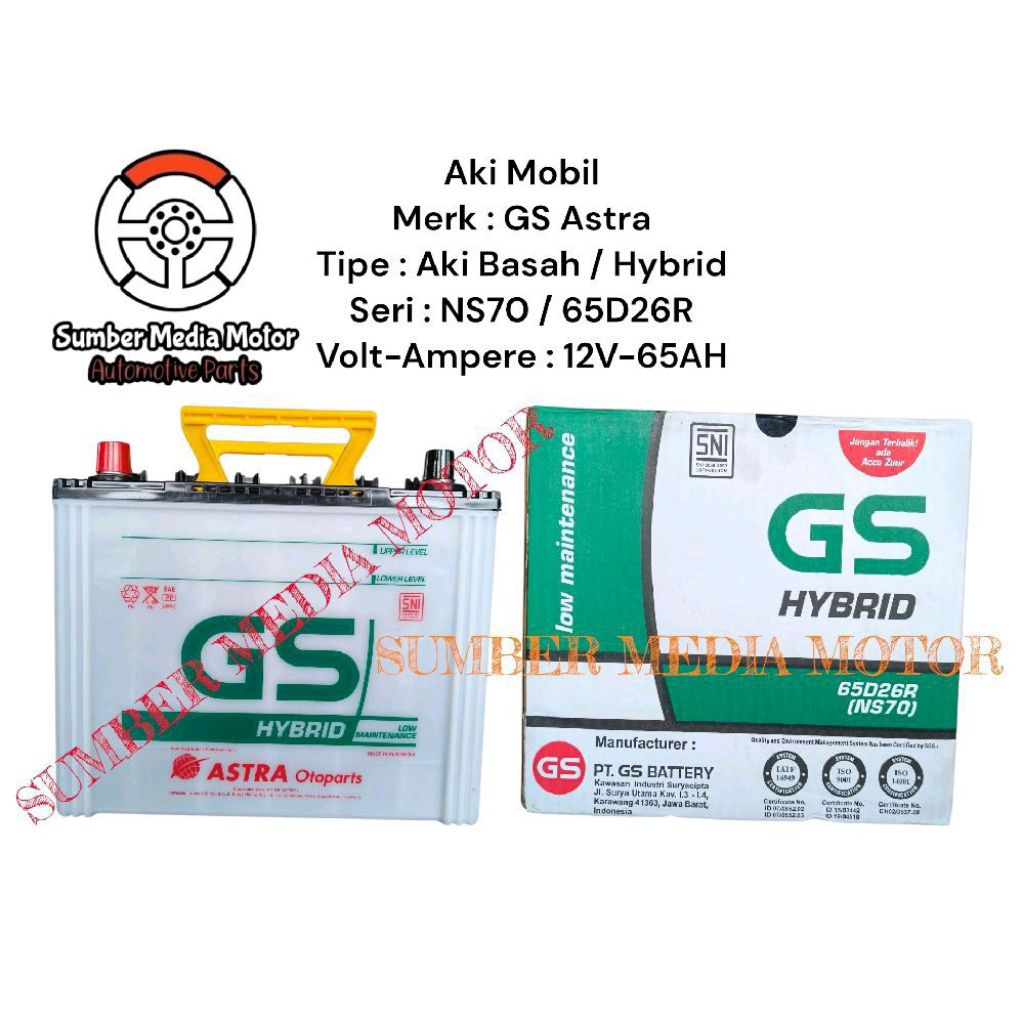 Aki Accu Basah Mobil GS Hybrid Astra NS70 65D26R 12V-65AH Original