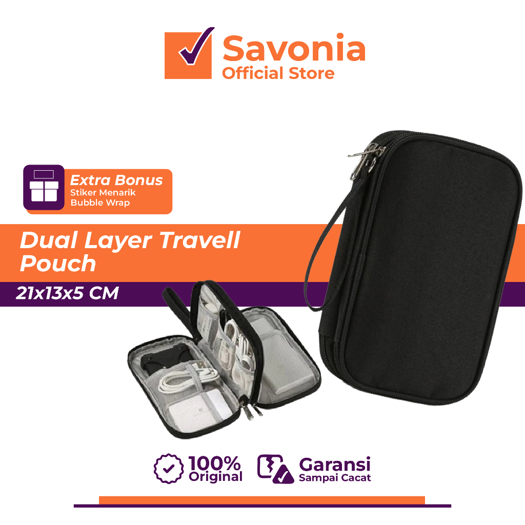 Tas Organizer Gadget Travel Double Layer - Pouch 2 Zipper Serbaguna untuk Handphone, Powerbank, Kabe