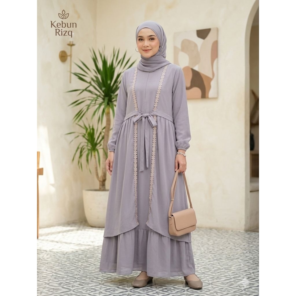 Gamis Wanita Lilac Elegan Tali Pinggang | Dress Muslimah Modern Simple Anggun