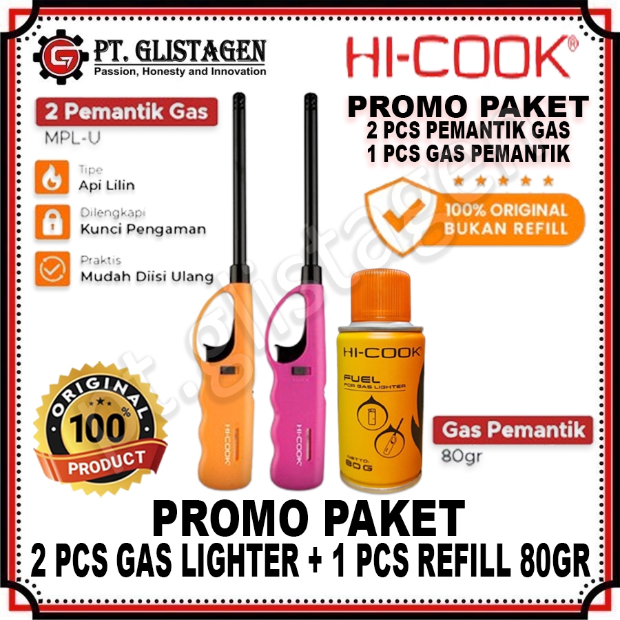 HI-COOK PAKET Korek Api Gas MPL-U 2Pc + Isi Ulang Pemantik 80Gram 1Pc ORIGINAL HI COOK