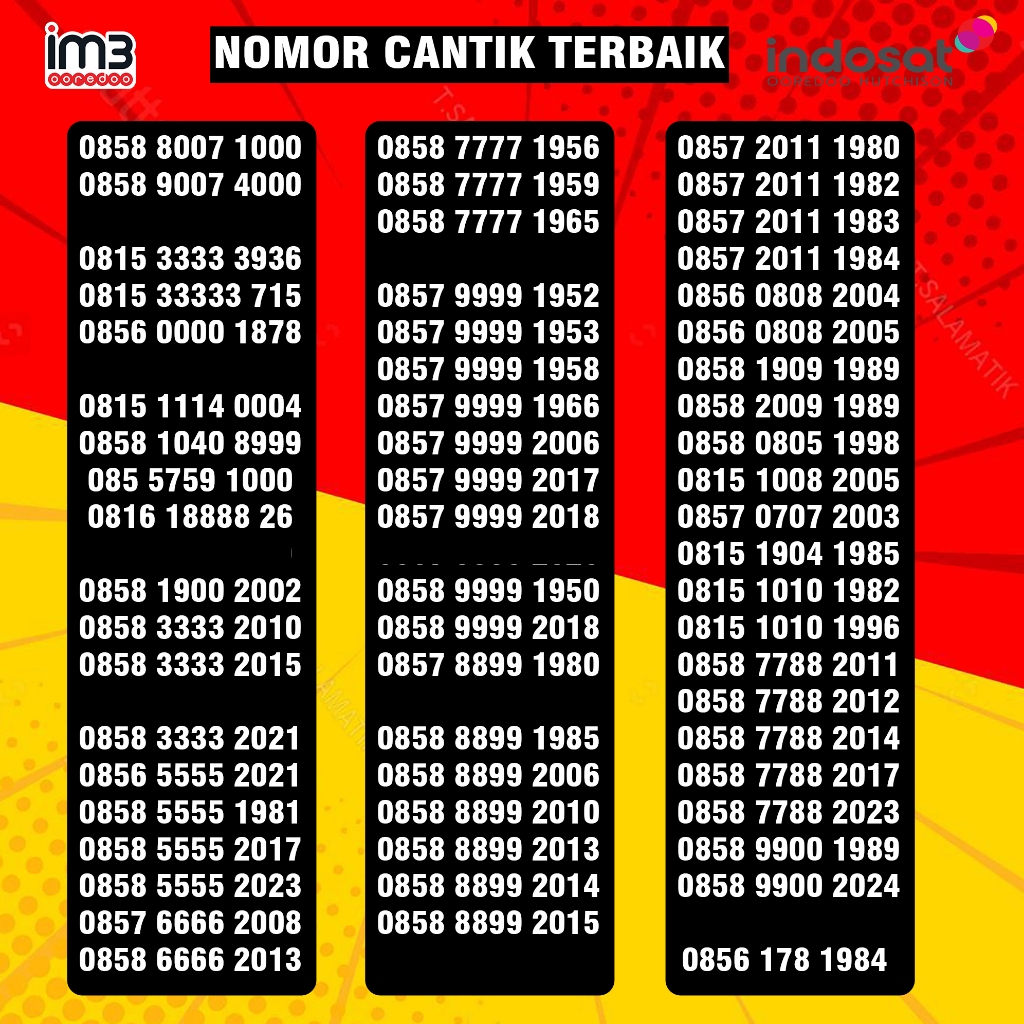 Nomor Cantik Indosat 11 Digit Nomer Cantik Im3 Tahun Lahir 2024 2023 2022 2021 2020 2019 2018 2017 2