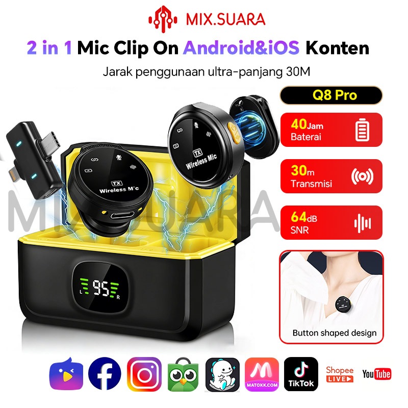 Q8 pro Mic Ngonten Suara Jernih Dual Mic Wireless Clip On Buat Magnet Jepit di Baju Noise Reduction 