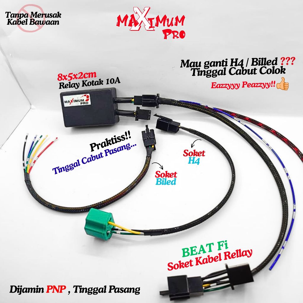 PREMIUM KABEL RELAY LAMPU SET BEAT Fi 10A HID SOKET BILED LED H4 MOTOR SOCKET RELLAY LAMPU HONDA BEA