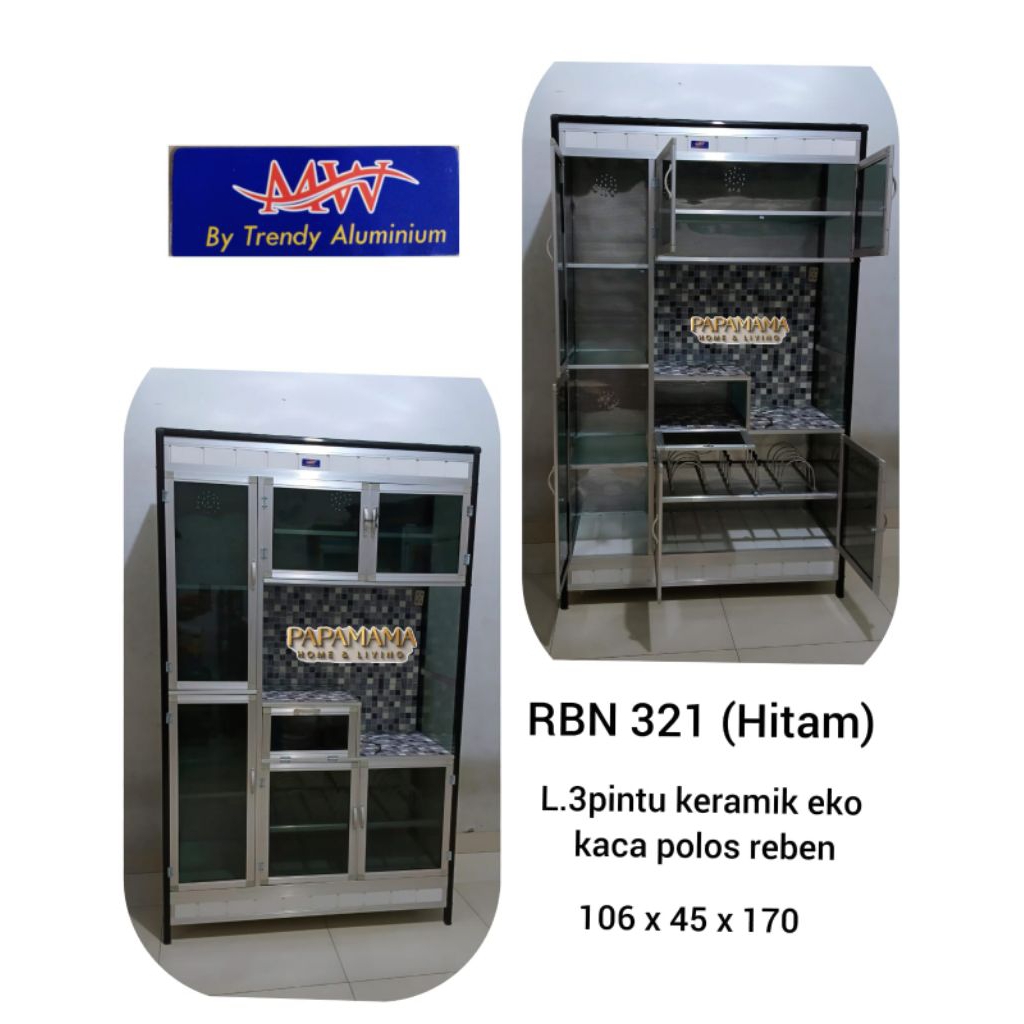 Rak Piring 3 Pintu Keramik Saklar Listrik Kaca Reben - Lemari Sayur Aluminium 100cm Tiang Tebal Meda