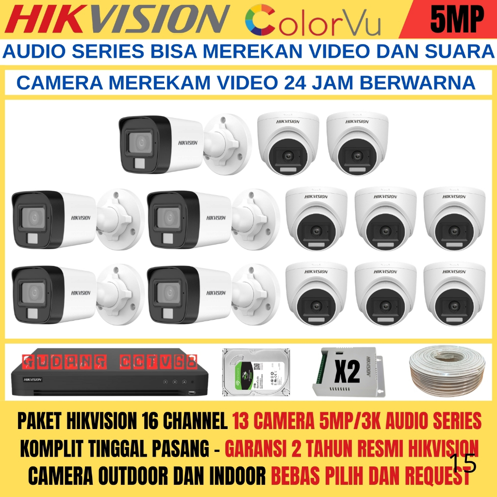 Paket CCTV HIKVISION 16 Channel 13 Camera HIKVISION 5MP Colorvu 3K Full Colour AUDIO SERIES Komplit