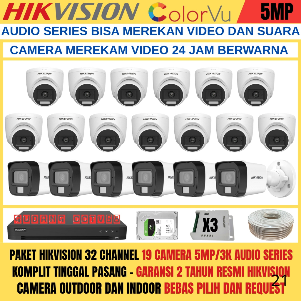 PAKET CCTV HIKVISION DVR 32 CHANNEL 19 KAMERA HIKVISION 5MP FULL COLOUR 3K COLORVU AUDIO SERIES